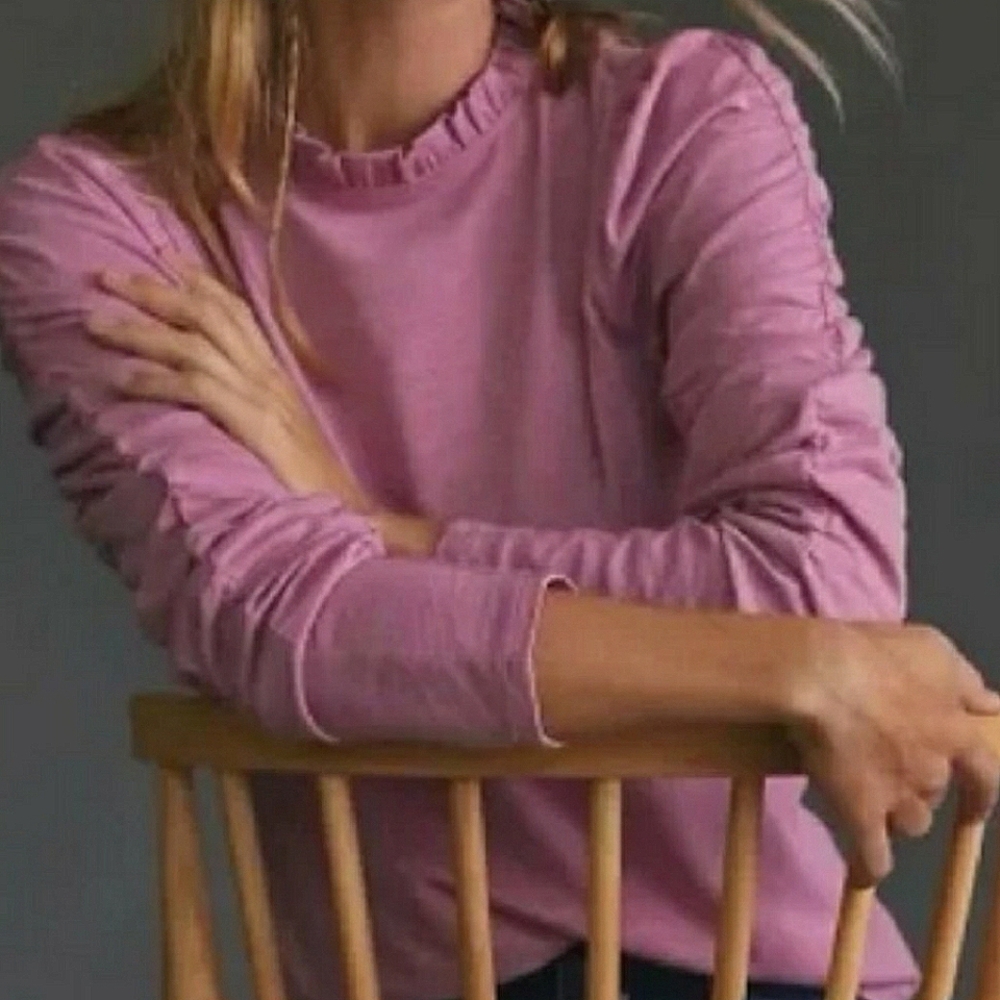 Anthropologie Maeve Ruffle Neck Ruched Long Sleeve Tee, Size Small
